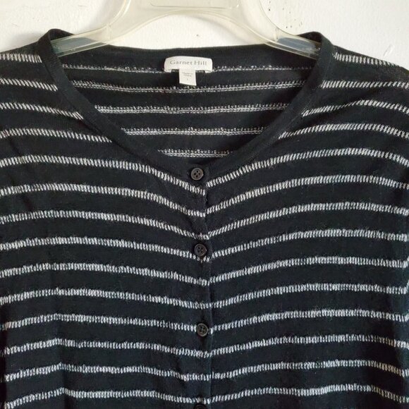 Garnet Hill 100% Merino Wool Black and White Strip Button Up Cardigan Large - Picture 9 of 13